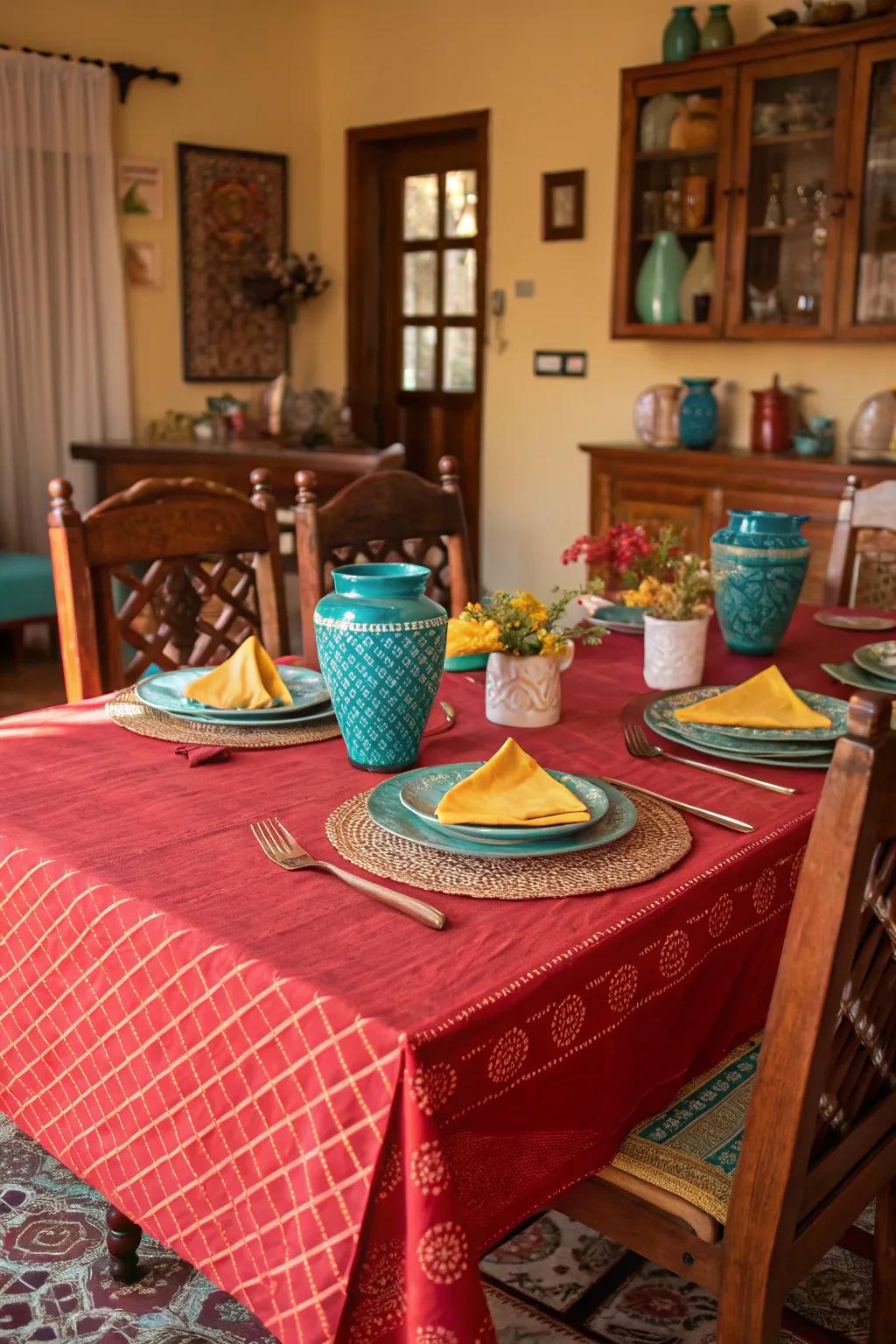 Textured red elements bring richness and balance to your dining space. #Textures #DiningRoomDesign #HomeStyling