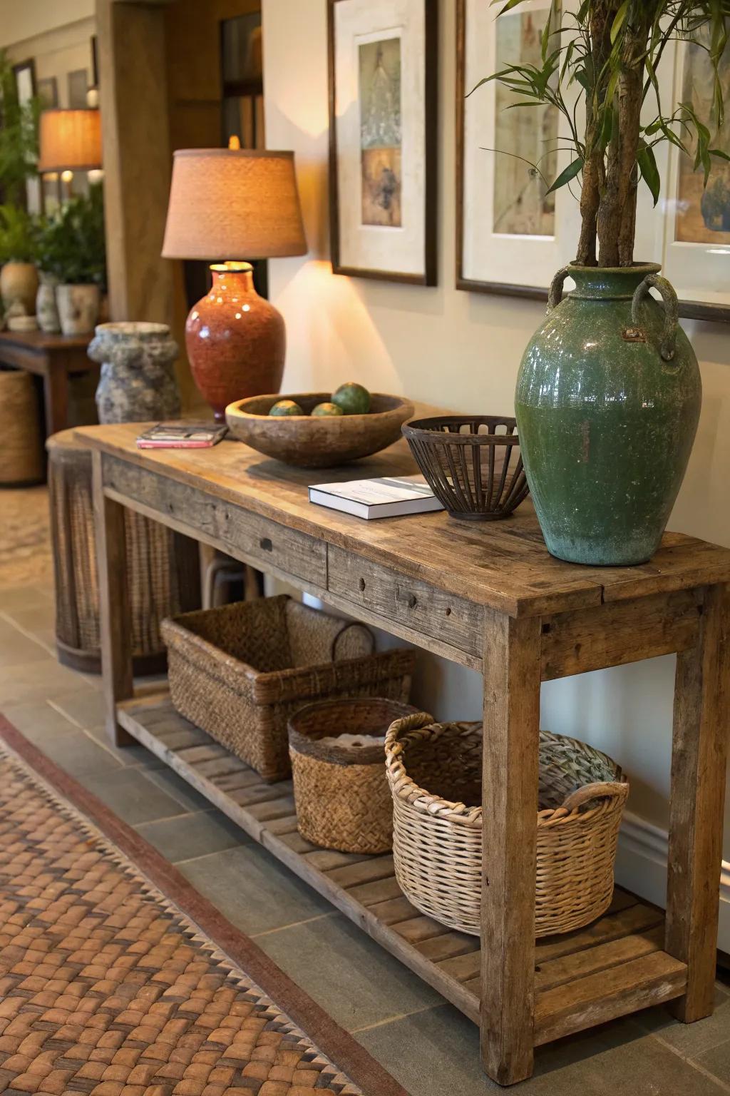 Artisanal pieces add a handcrafted touch that personalizes your rustic entryway.