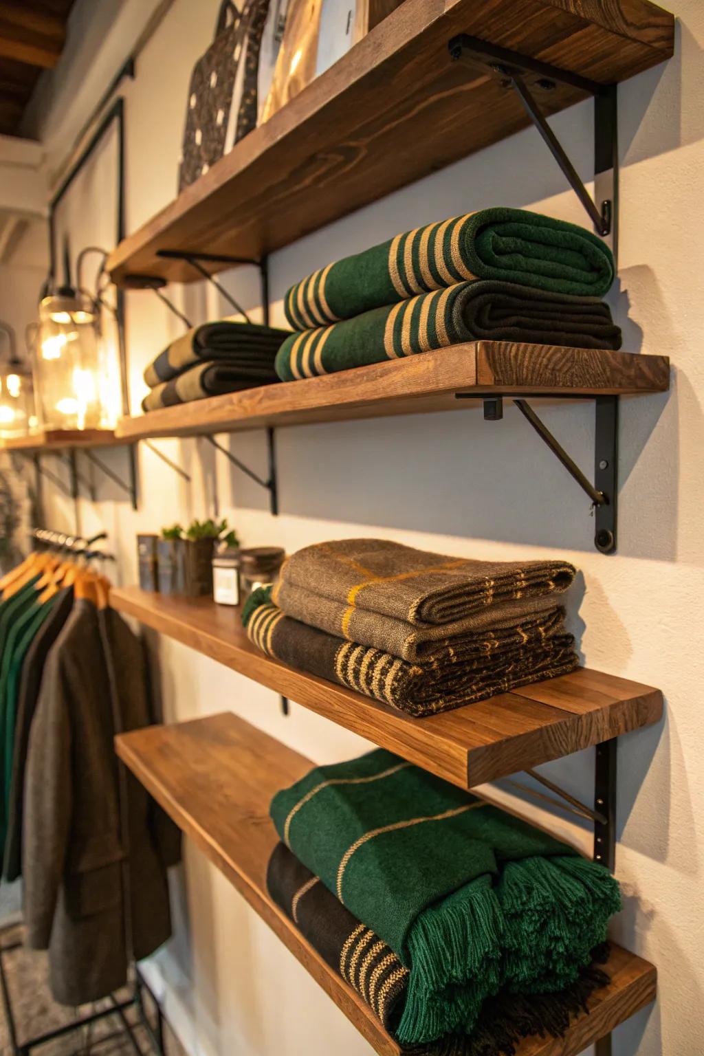 Use floating shelves to stack and display your scarves for a minimalist yet impactful look.