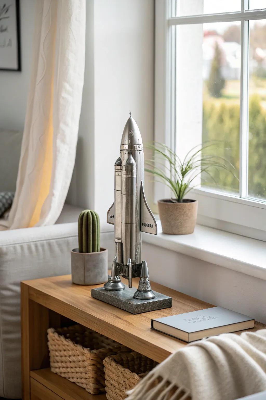 Add a futuristic flair to your decor with sleek spacecraft sculptures.