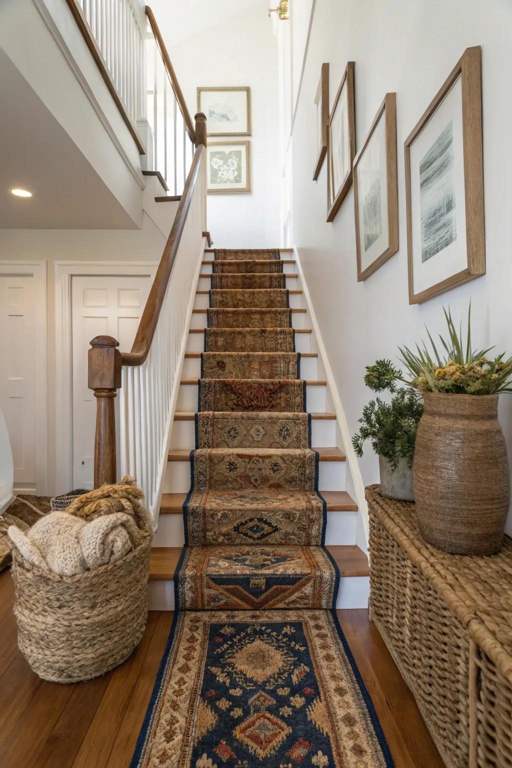 Add warmth and texture to your stair landing with a stylish area rug.