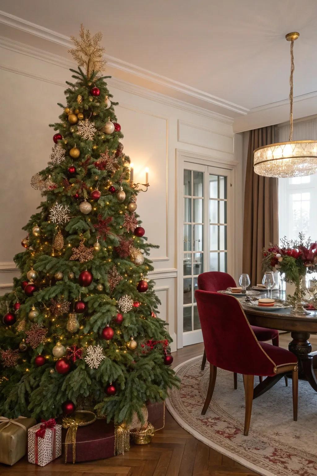 Enhance your dining experience with a festive tree, creating a memorable backdrop for holiday meals.