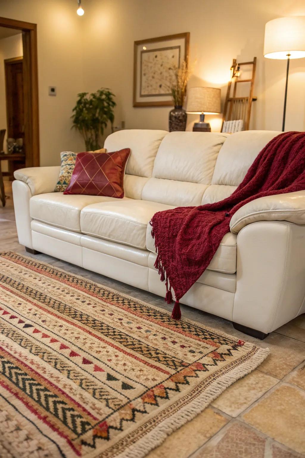 A statement rug sets the stage for a stunning white leather sofa centerpiece.