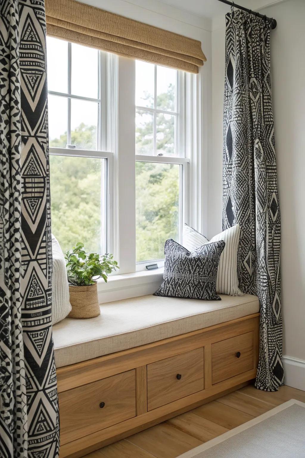 Make a statement with bold patterns that turn your window seat into an eye-catching feature. #PatternPlay #VibrantDesign #HomeInspo