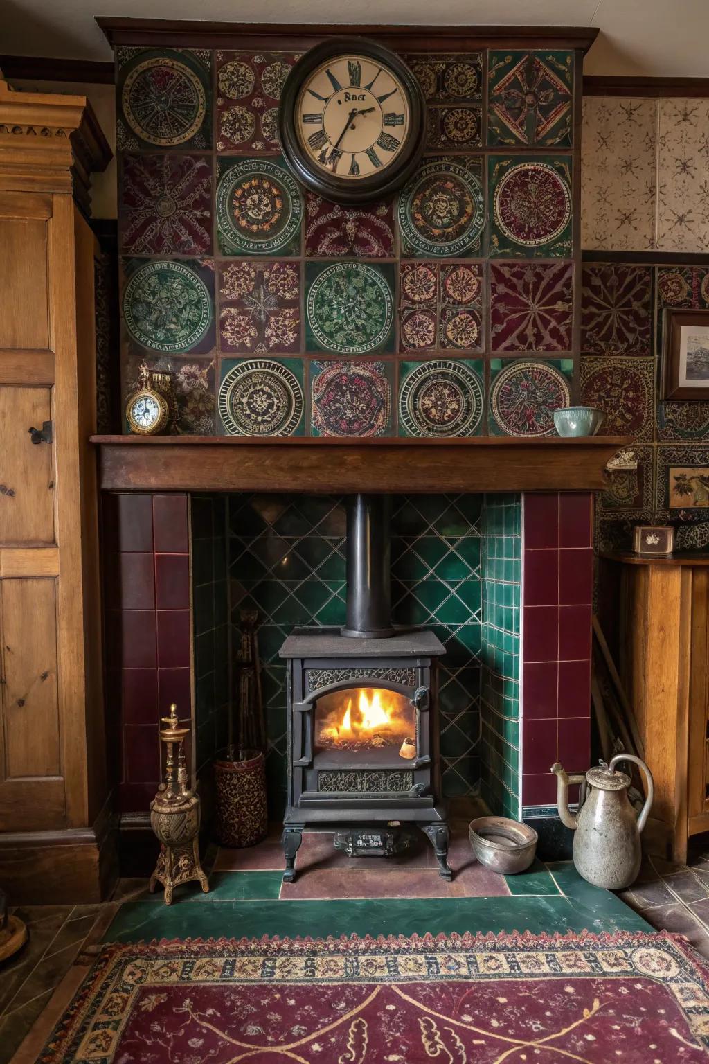Infuse your space with vintage charm using Victorian-style tiles around your stove, adding timeless elegance.