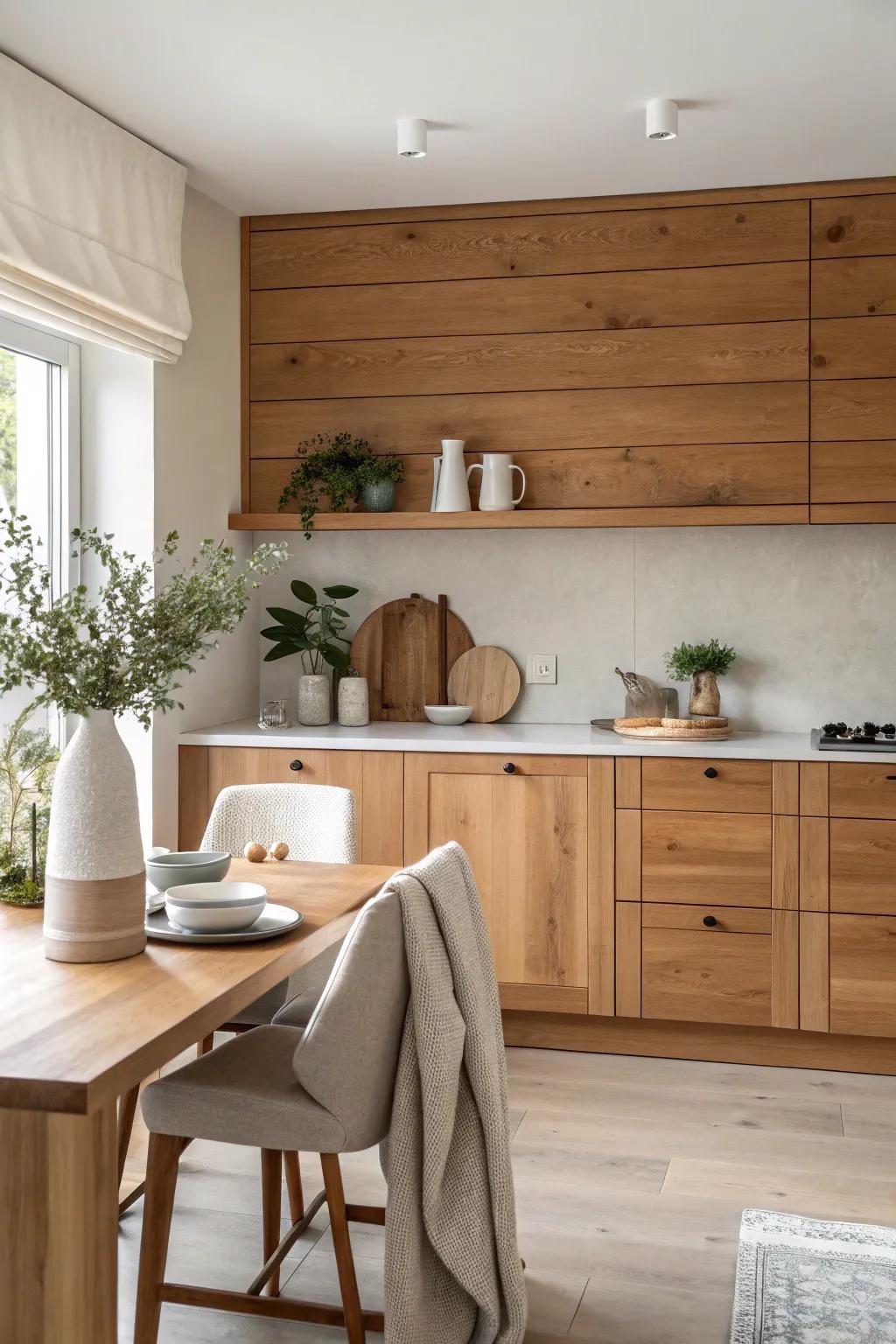 Enhance your kitchen's charm with a warm wood plank backsplash.