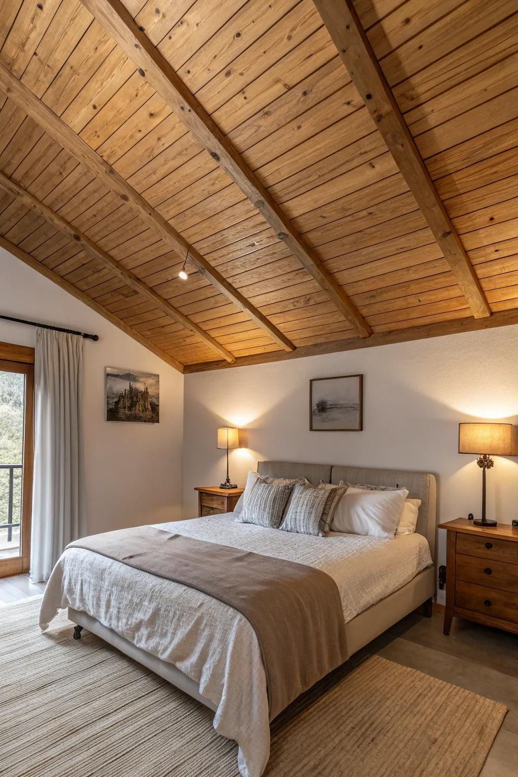 Create a serene bedroom sanctuary with a warm and inviting wood slat ceiling.