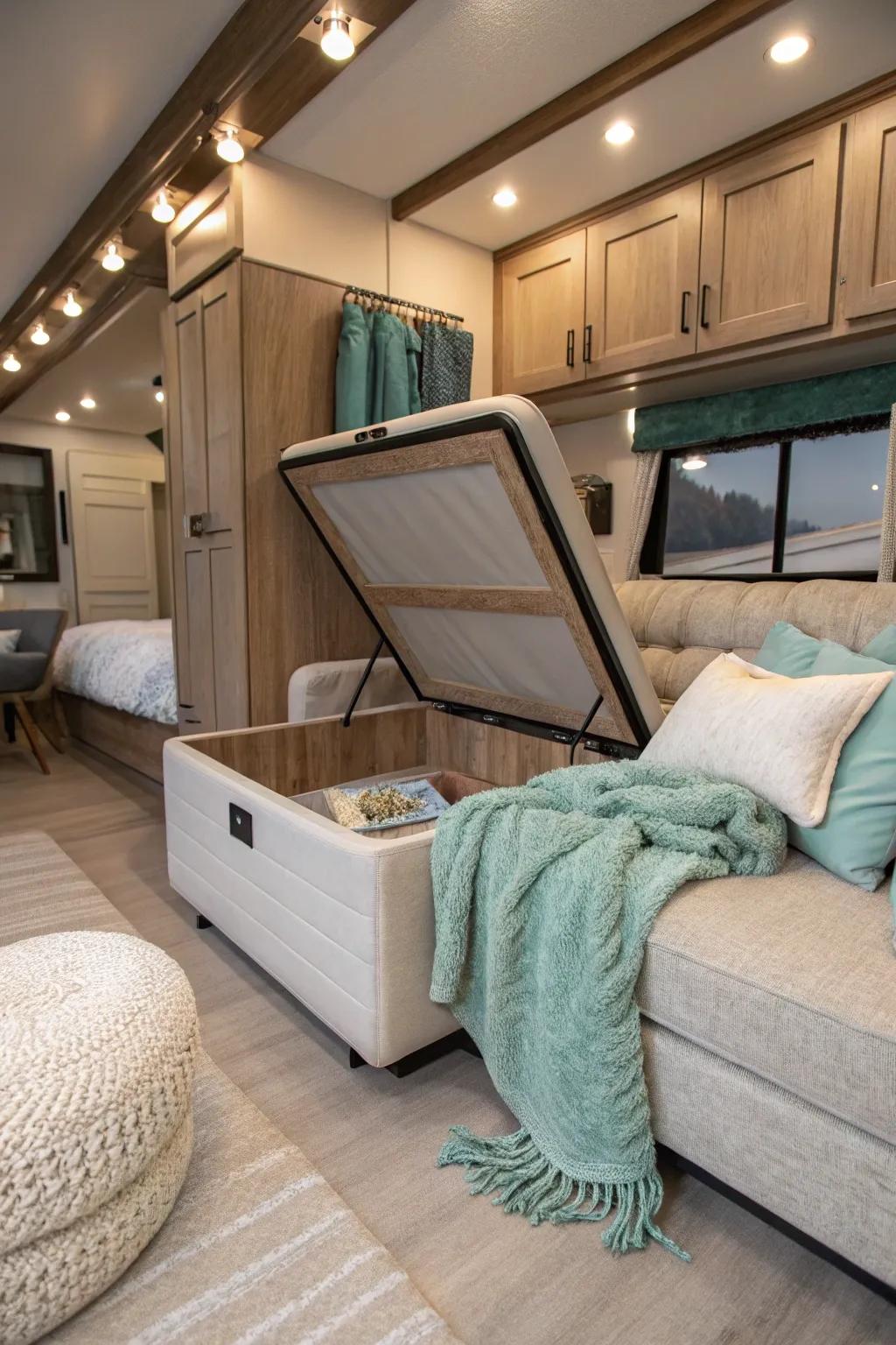 Combine comfort with clever storage using multifunctional furniture.