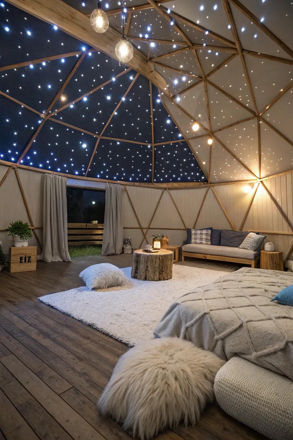 Sleep under the stars every night with a magical ceiling design. 🌌 #StarryNights #BedroomInspo