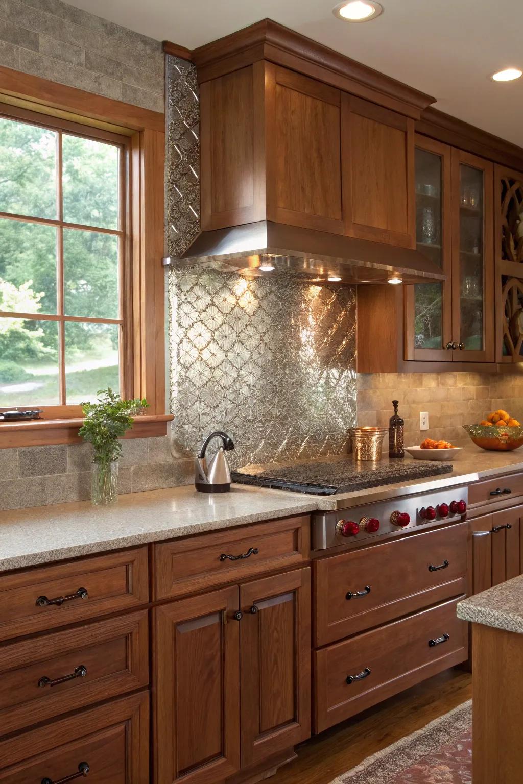 Metallic tiles add a touch of brilliance, enhancing the modern appeal of cherry cabinets.