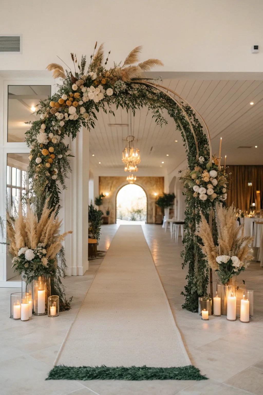 Create a memorable entrance with floral arches and glowing candles.