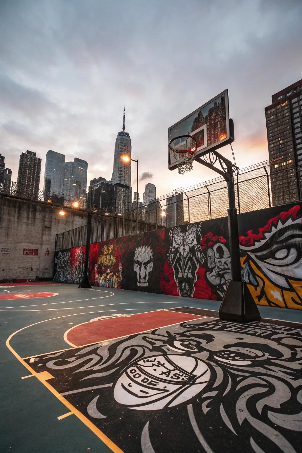 Bring urban flair to your court with graffiti art that's both bold and expressive.