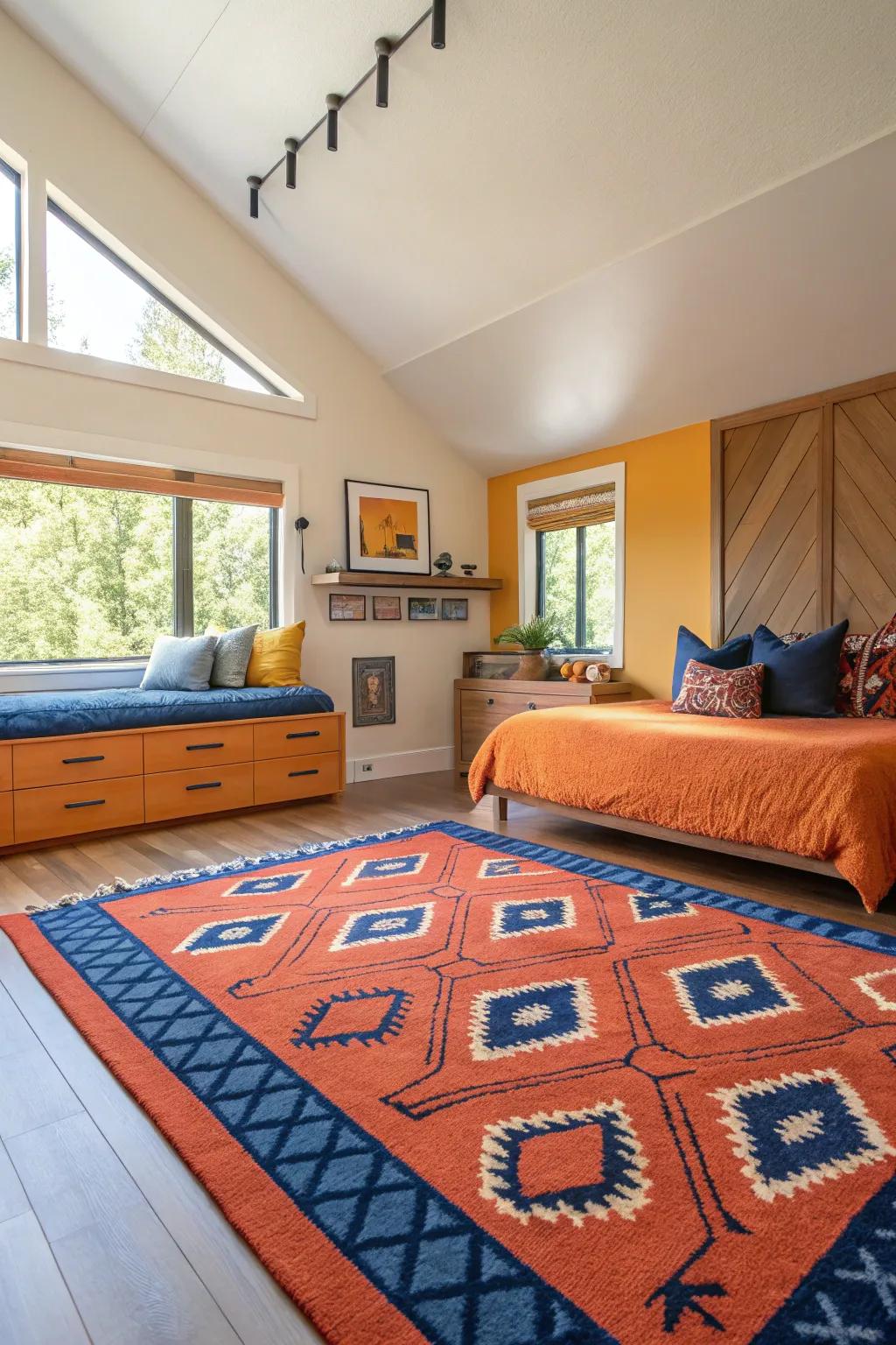 Define and enhance areas in large bedrooms with strategic rug placement for a cohesive look.