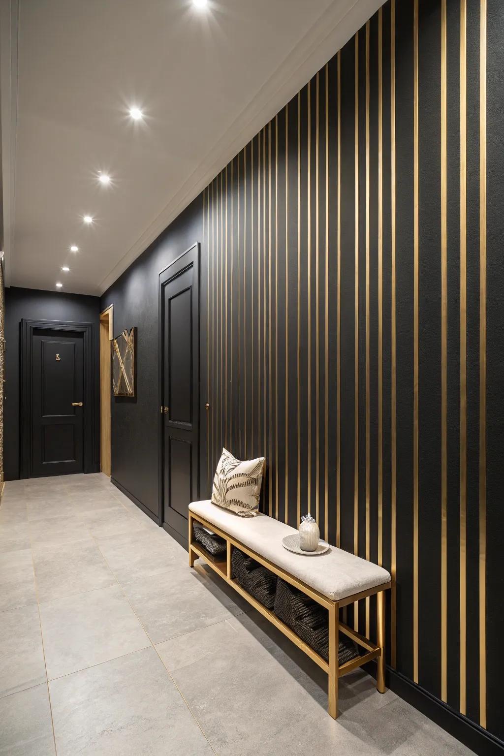 Reach new heights with vertical gold stripes that elevate any room's decor. ✨ #VerticalElegance #HomeStyling