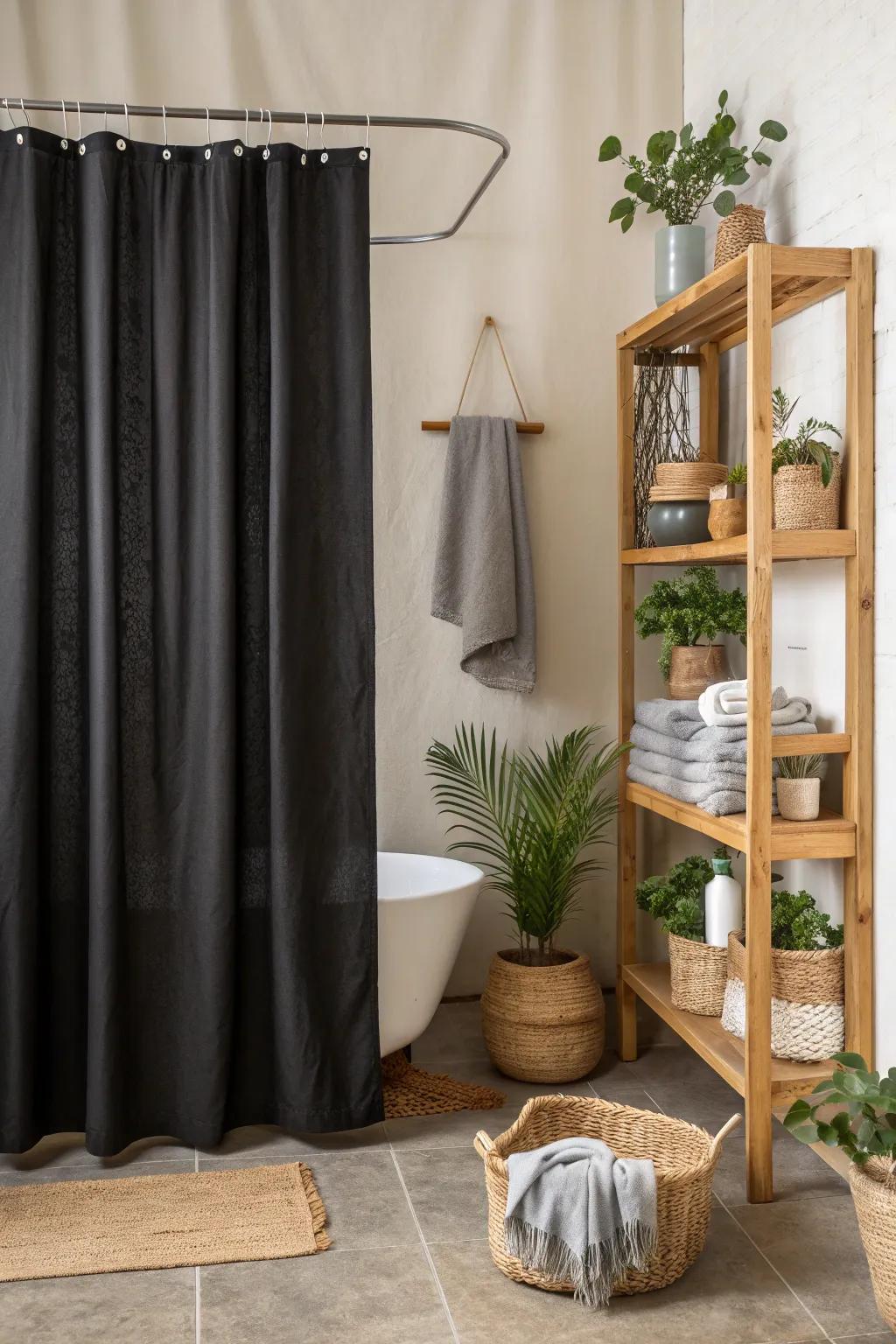 Blend modern elegance with natural serenity using earthy tones alongside a black shower curtain.