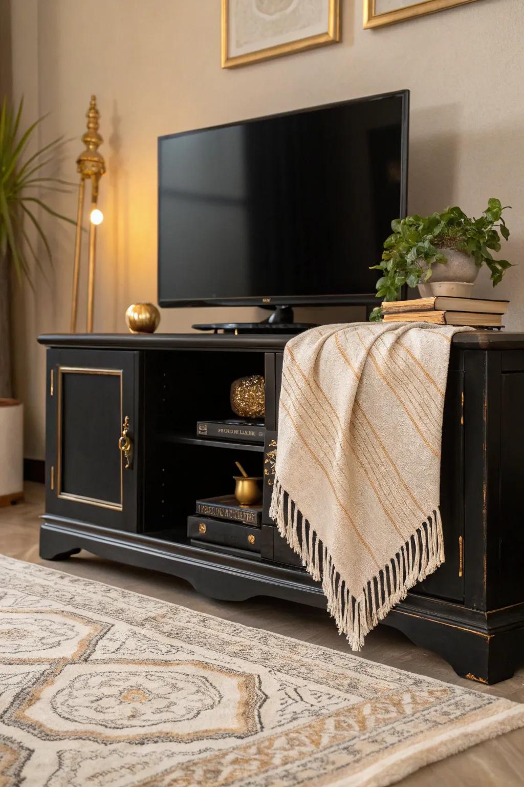 Warm up your TV stand with layered textiles for added coziness.