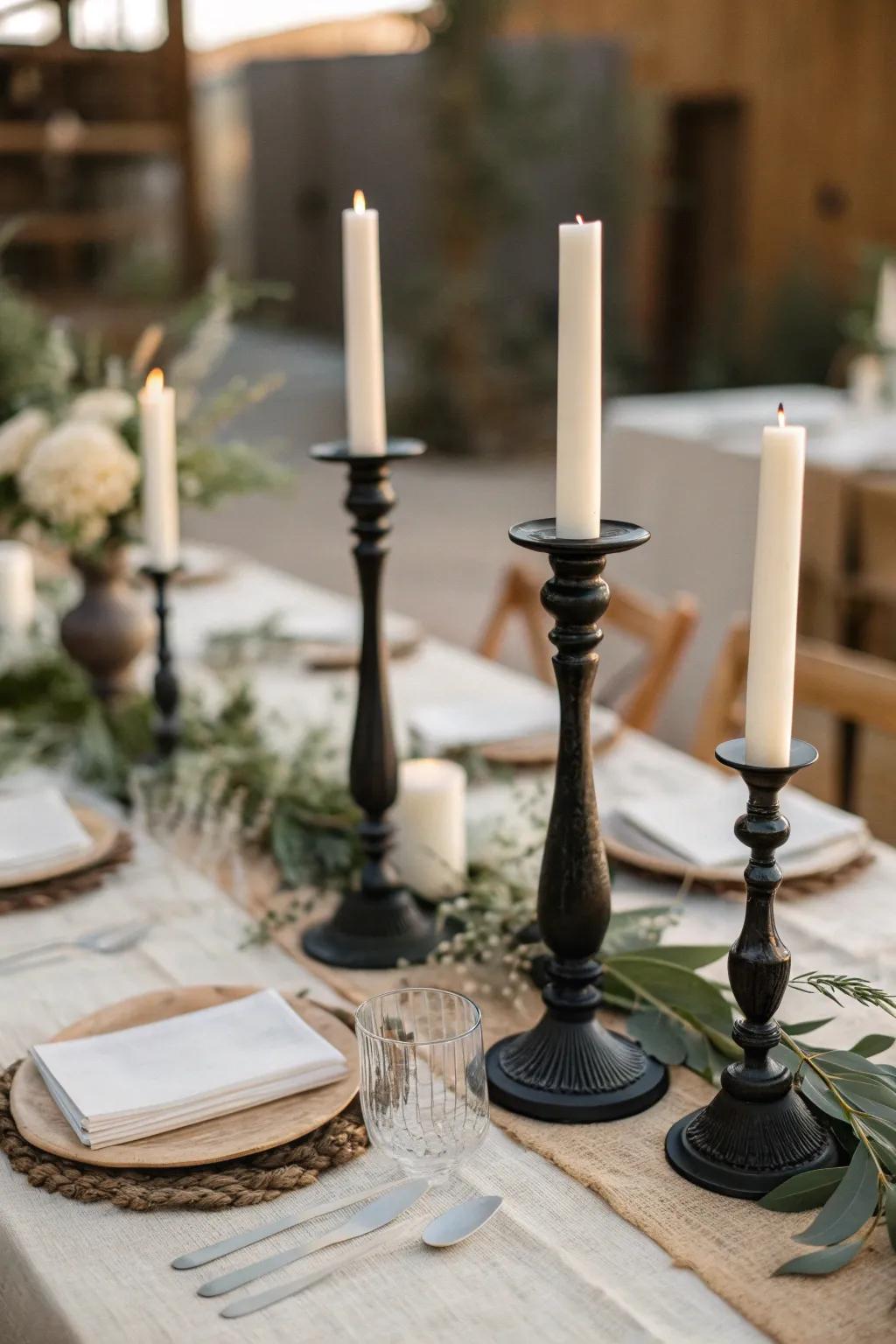 Classic and timeless: black candlesticks with white tapers add a touch of elegance to any setting.