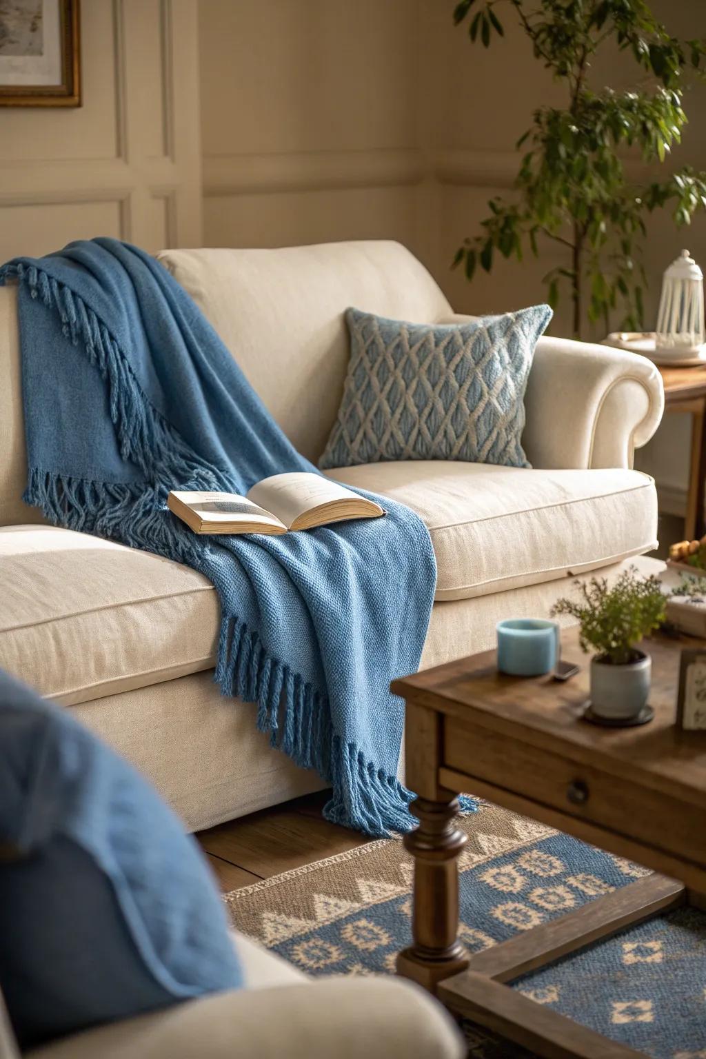 A blue throw adds warmth and a splash of color, perfect for cozy evenings.