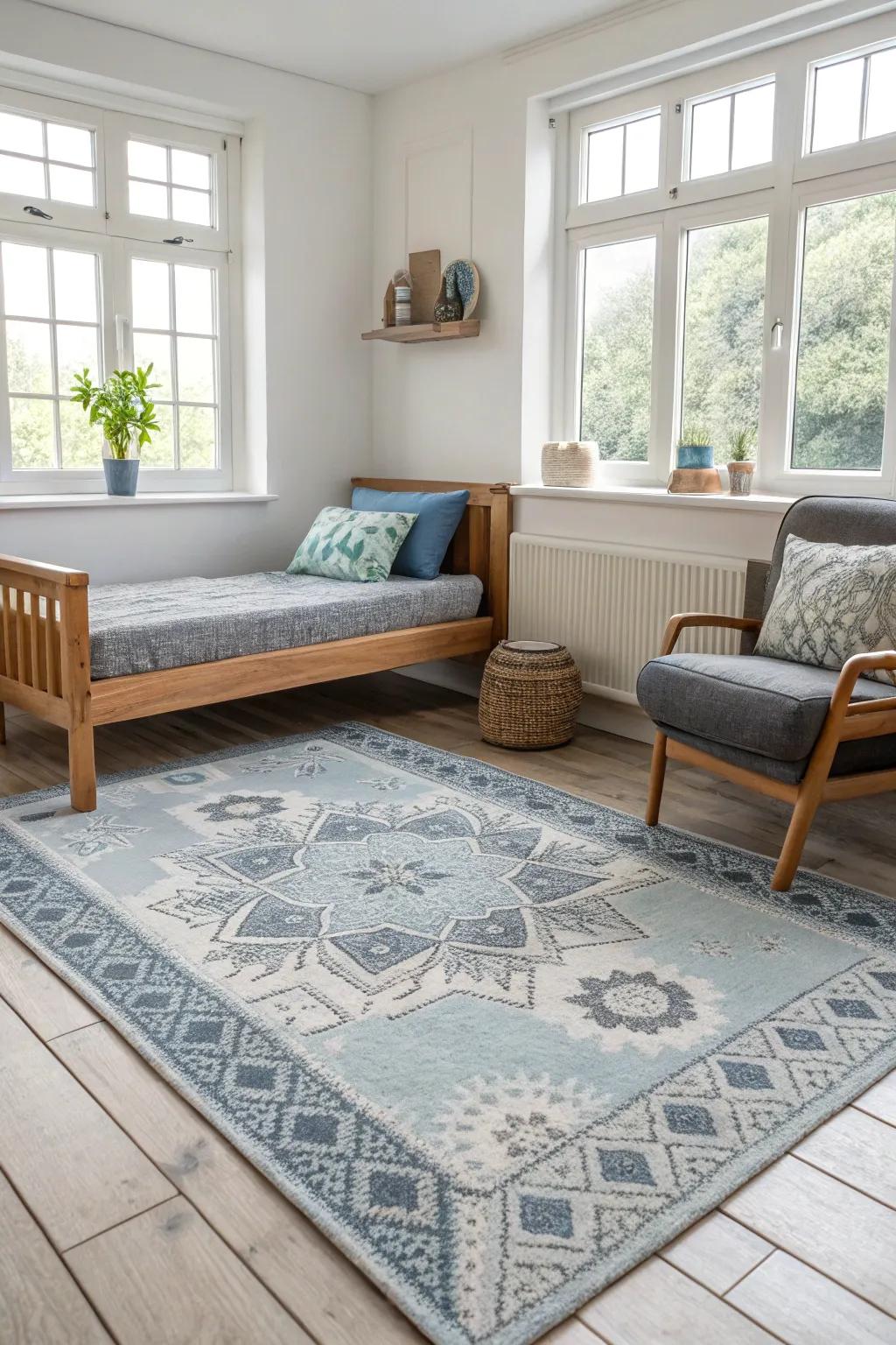 A patterned rug provides the perfect finishing touch to this cohesive design.