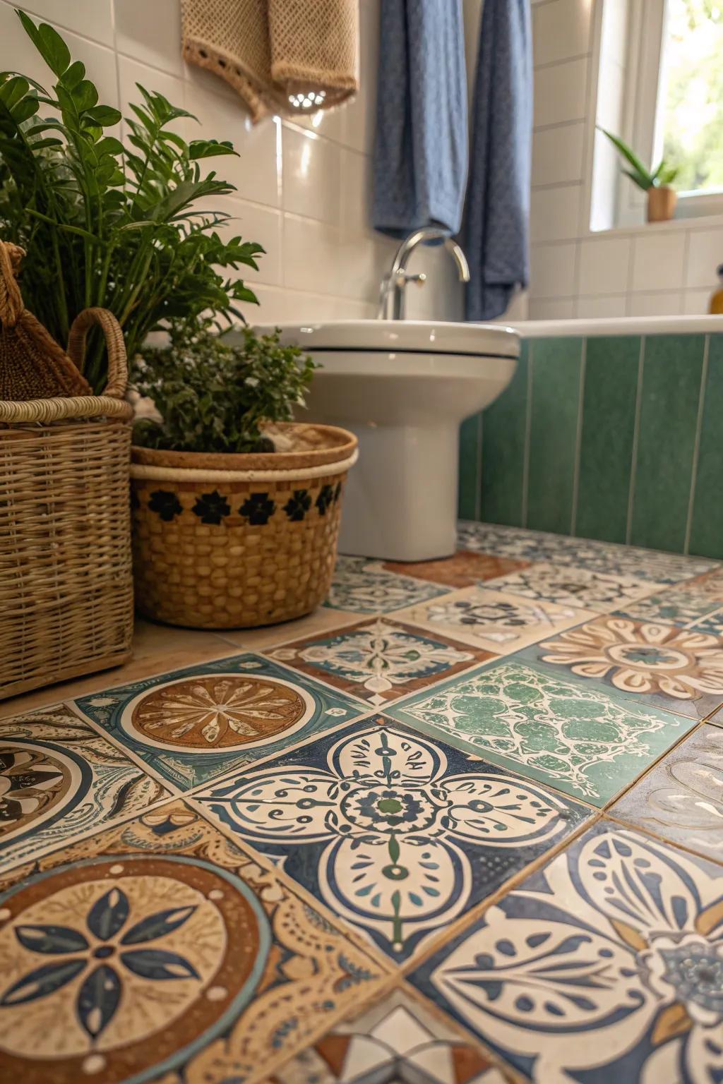 Eclectic tiles create a mosaic of colors and patterns, telling a story underfoot.