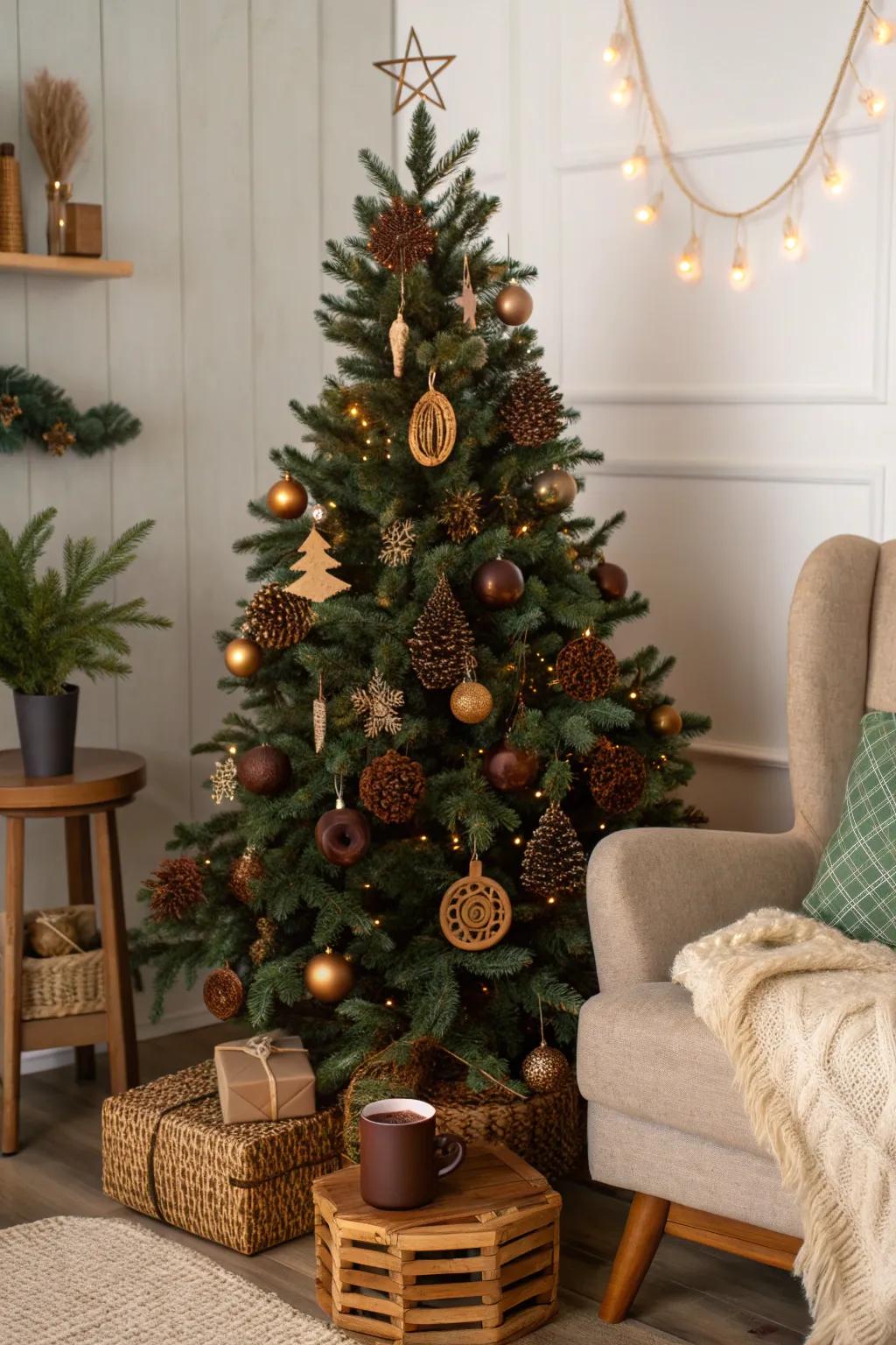 Wooden ornaments add a handcrafted, rustic charm to this cozy Christmas tree.