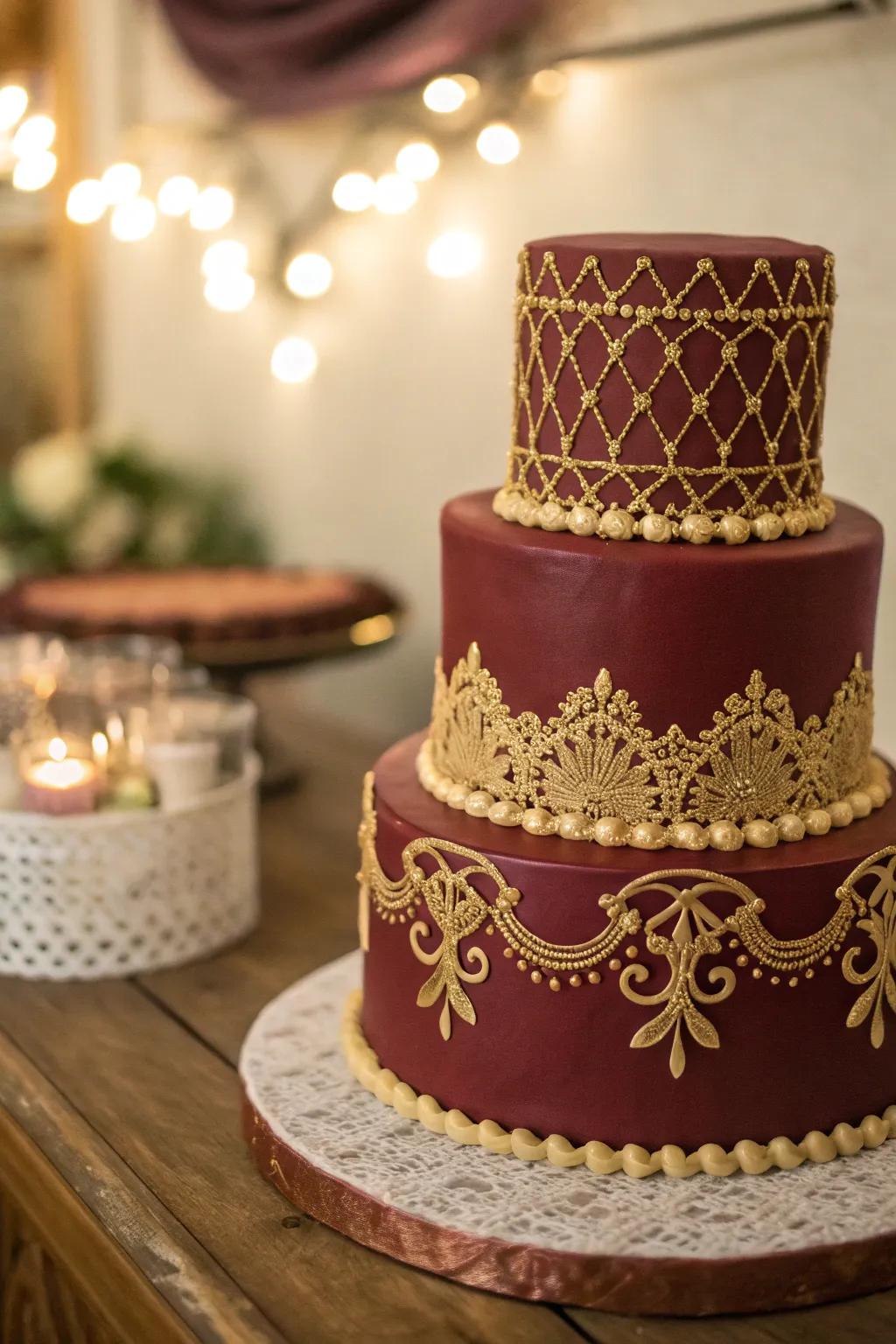 Gold lace-like piping on a burgundy cake exudes vintage glamour. 💖 #VintageStyle #CakeInspiration