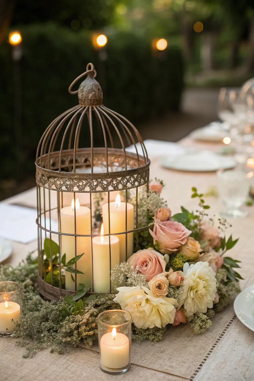 Transform your garden wedding into a fairytale with whimsical birdcage candle centerpieces.