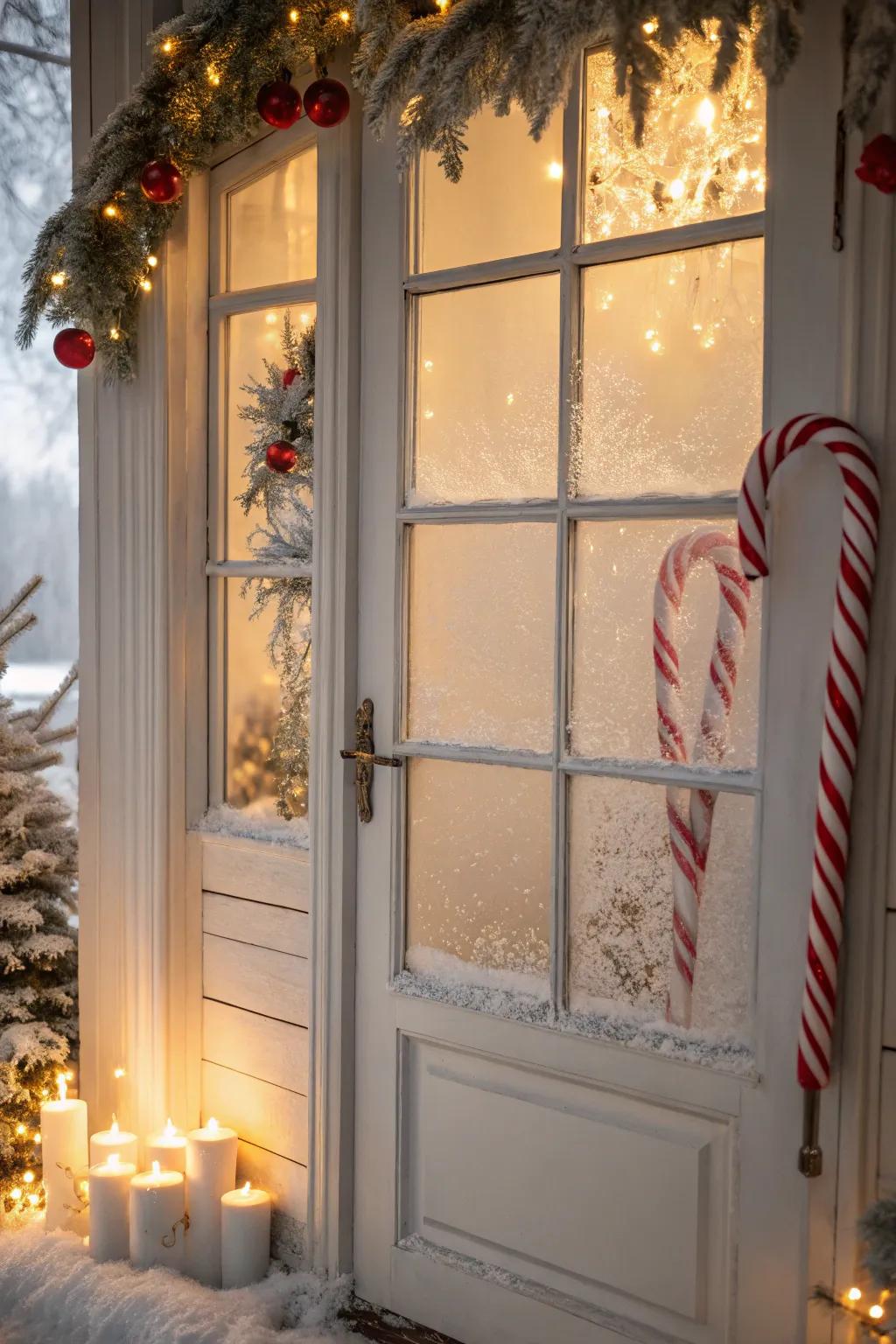Capture the essence of winter with frosted windowpanes that add a cozy touch to your candy cane door decor.
