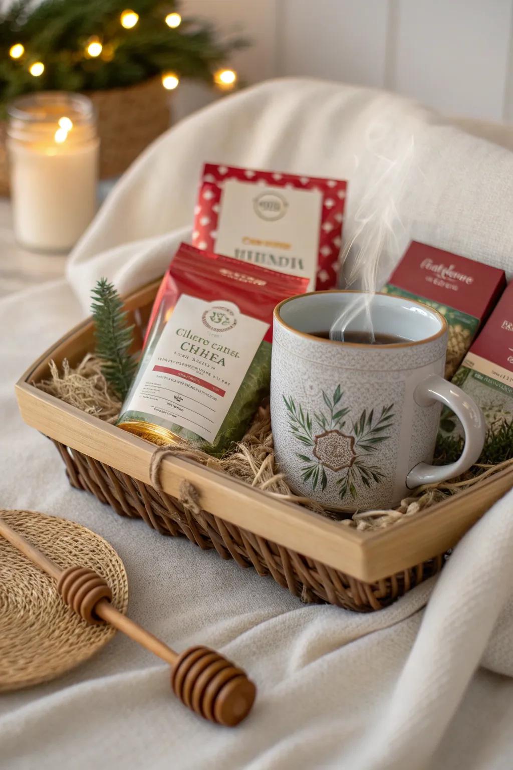 Infuse warmth into your holiday with a tea time basket, perfect for those who love sipping in style.
