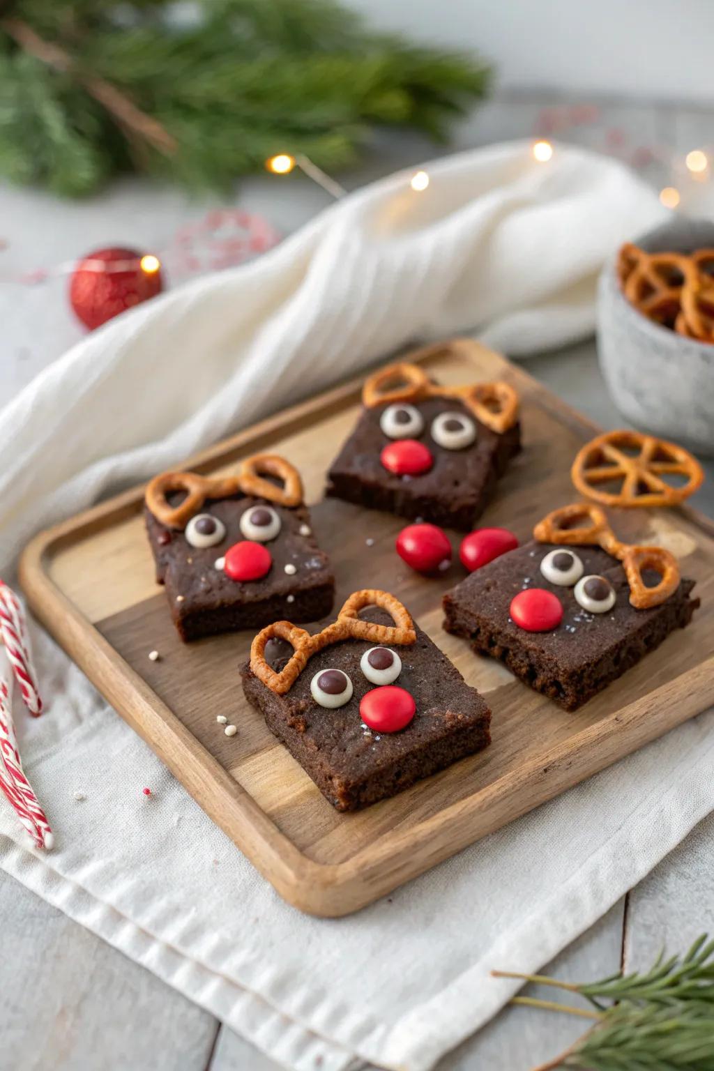 Bring joy to your holiday table with these adorable reindeer brownies.