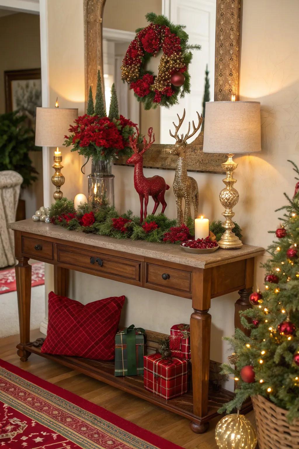 Holiday-themed accents on your entryway table add a touch of festive playfulness.