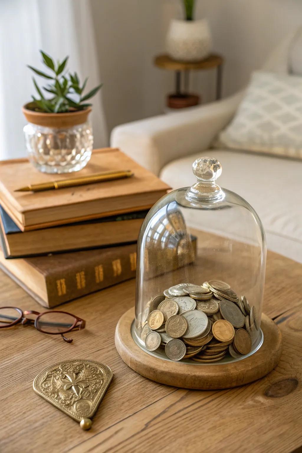 Capture elegance with a glass cloche that turns your coins into an eye-catching centerpiece.