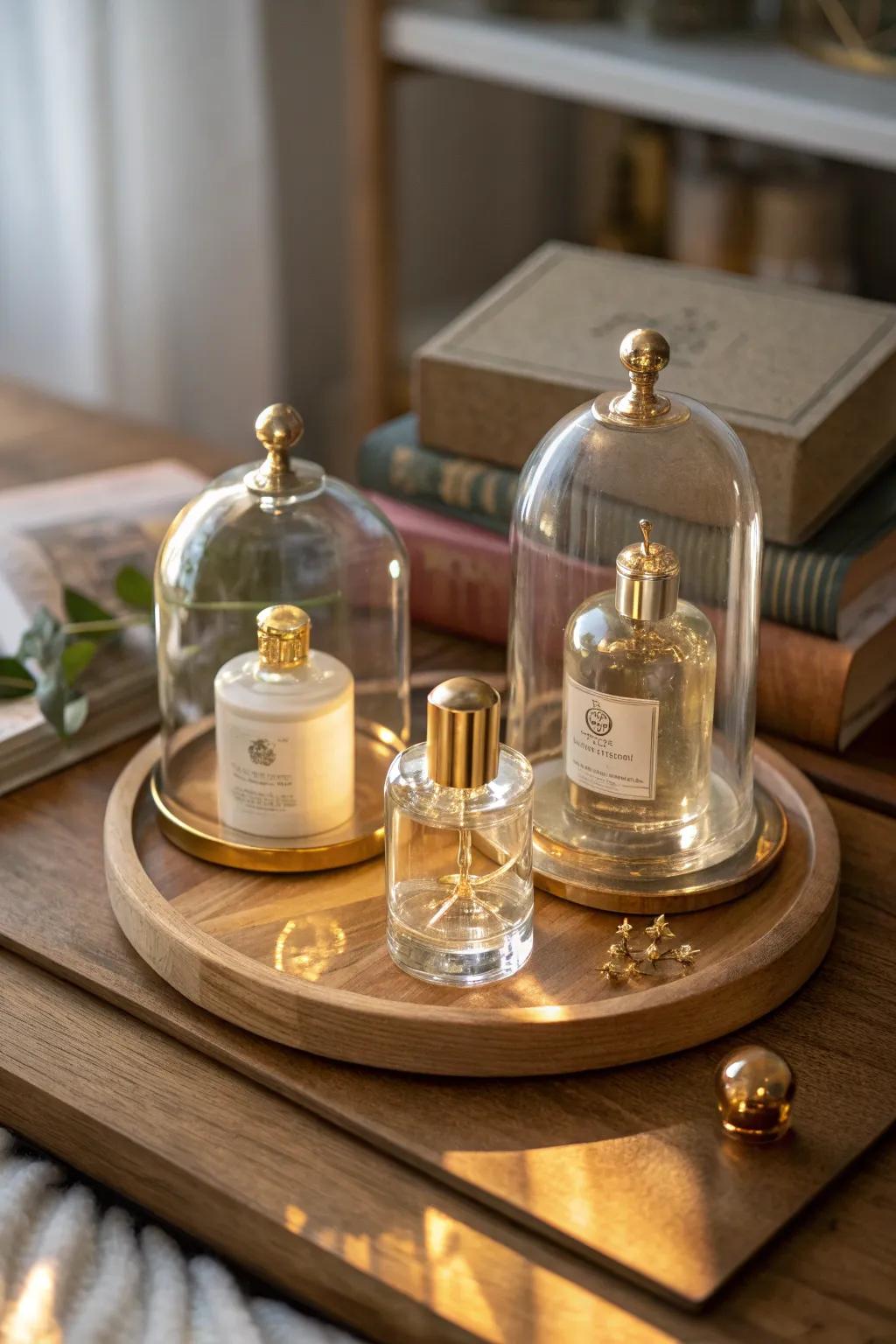 Create a scent exhibition with glass cloche domes that protect and showcase your colognes.