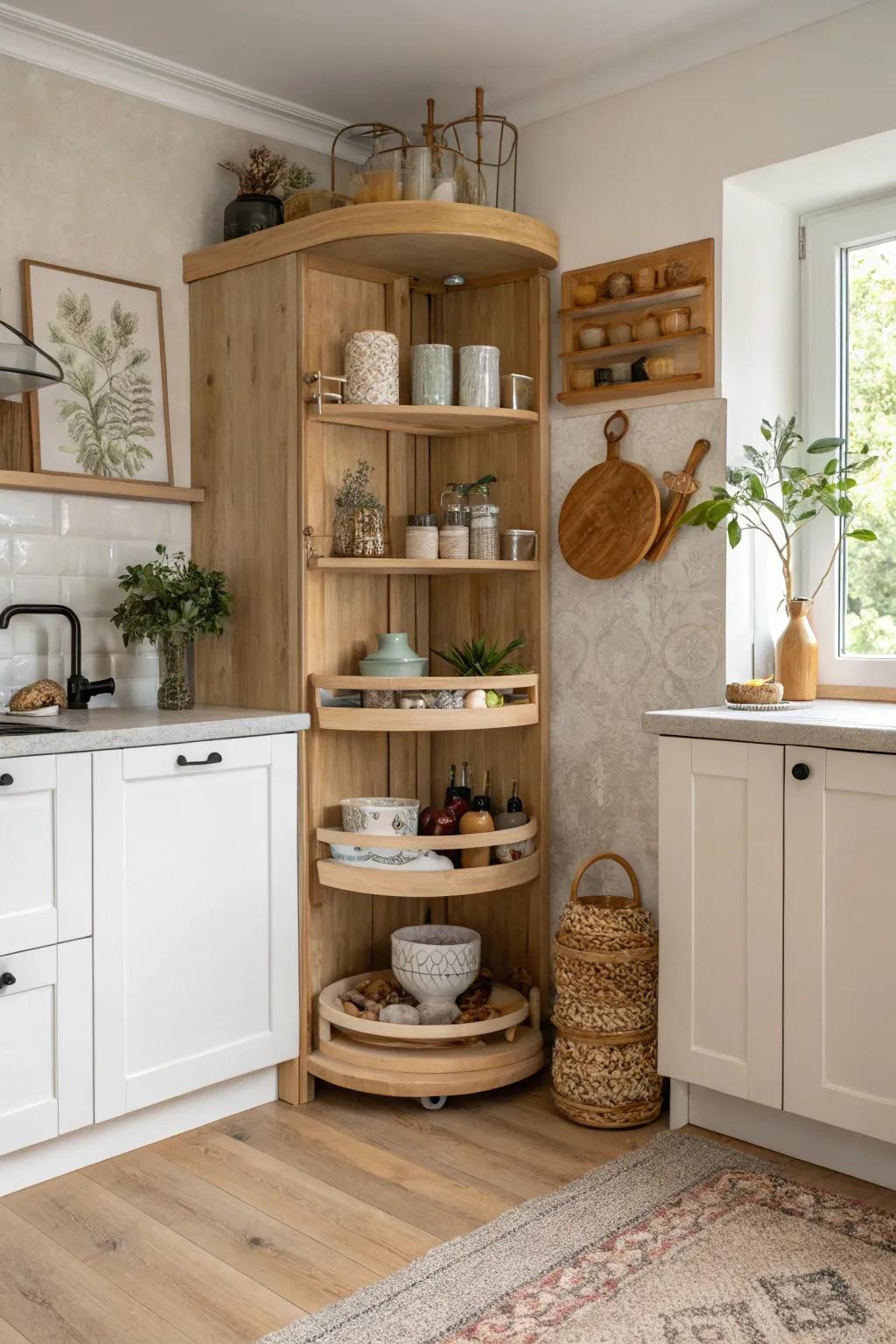 Let your kitchen corner spin into organized bliss with a carousel. #CreativeStorage #KitchenFun