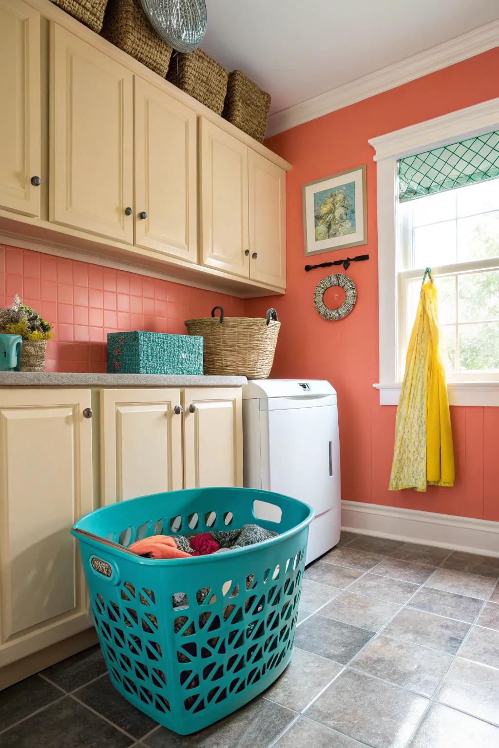 Use bright colors to open up your laundry corner and create a calming ambiance.