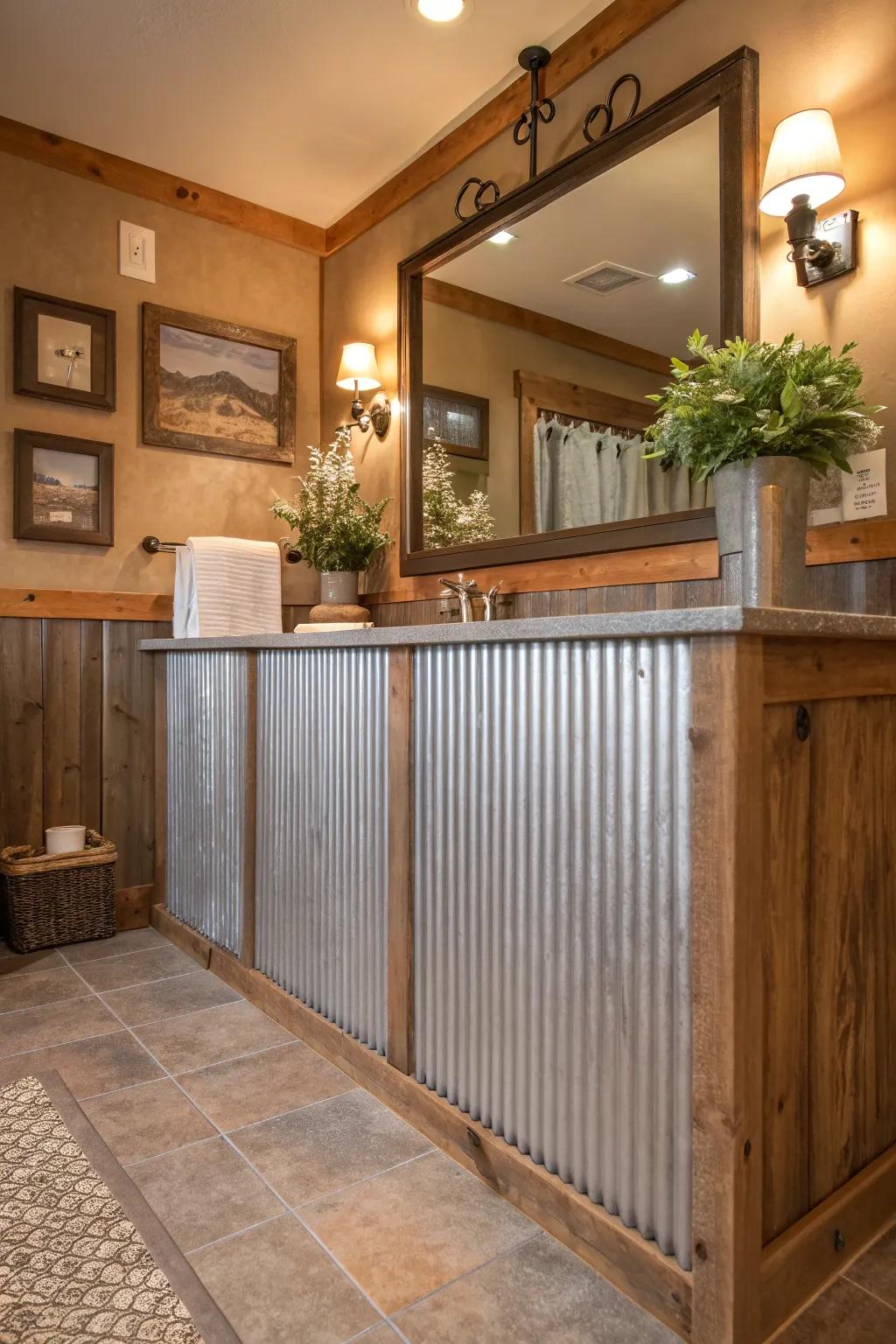 Achieve a stylish wainscoting effect with half-wall corrugated metal panels.