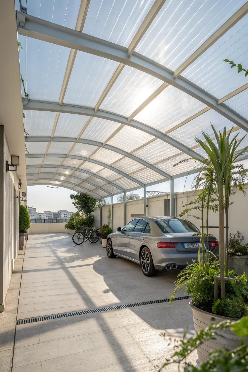 Let the light in with a transparent carport roof that enhances your space with natural illumination.