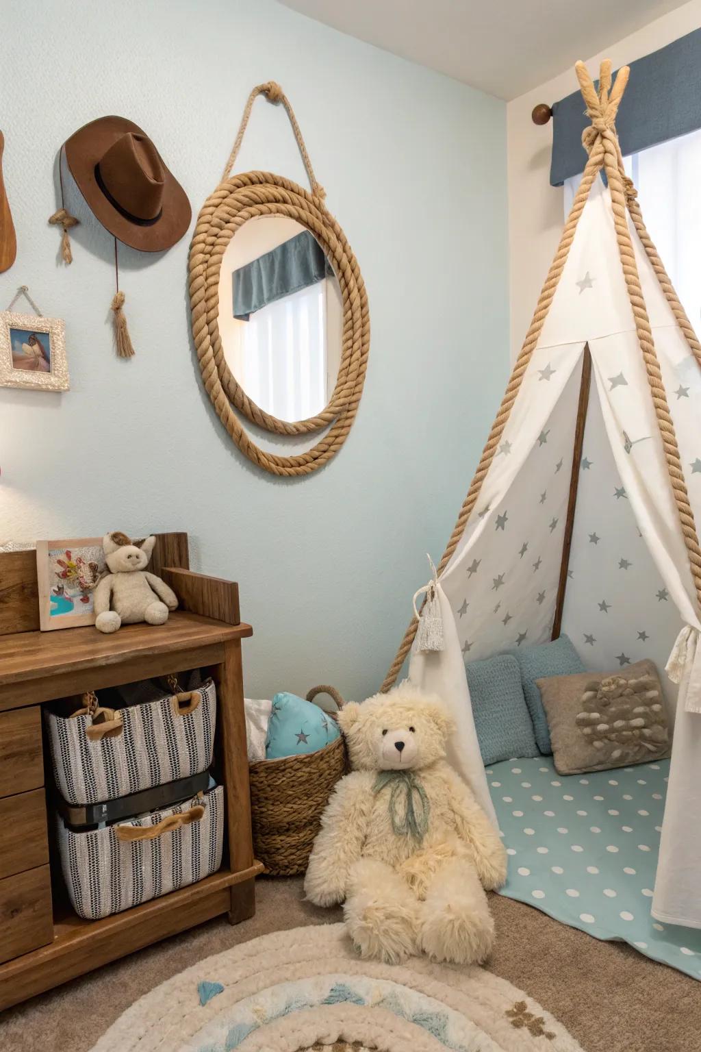 Rope accents bring an authentic Western touch to your nursery decor.