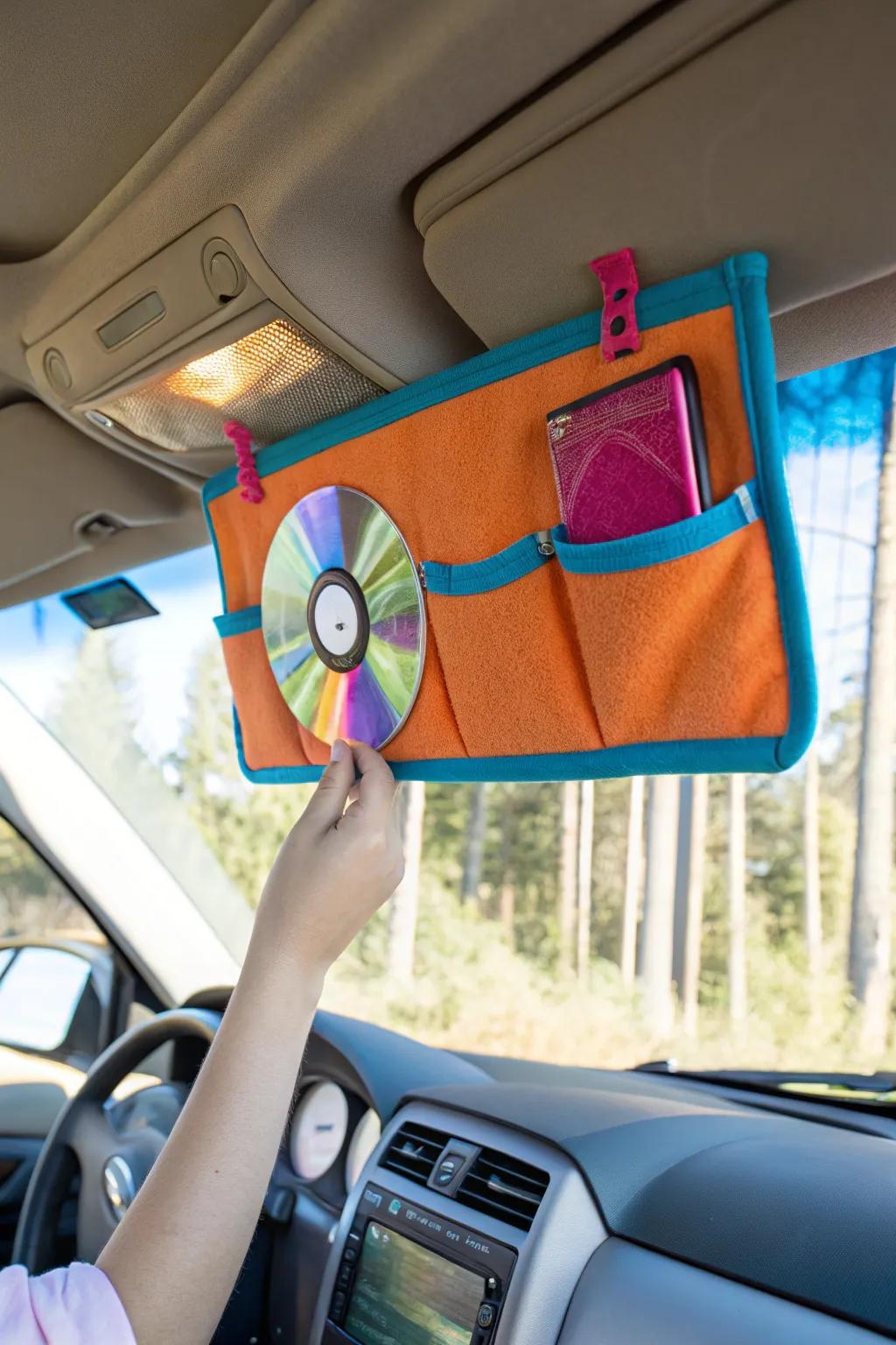 Keep your favorite tunes close at hand with a whimsical sun visor CD holder that adds charm and nostalgia.