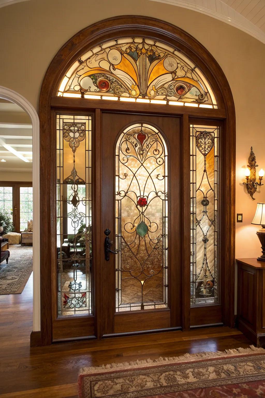 Add an artistic flair with stunning stained glass arched doors.
