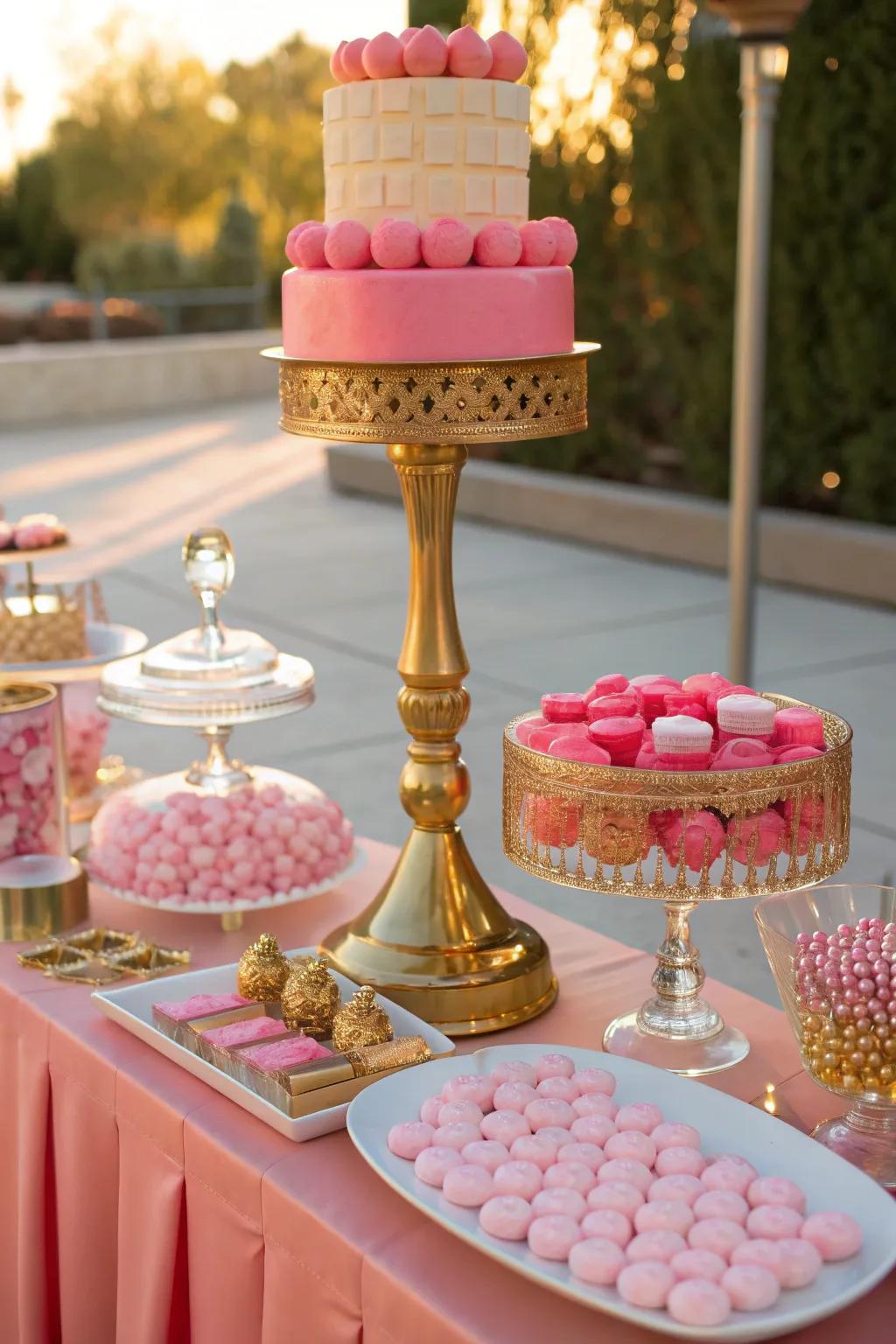 Gold accents add a luxurious touch to your candy table, making it a feast for the eyes.