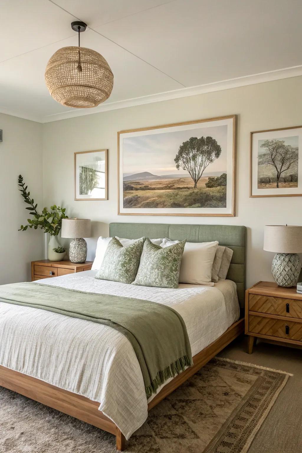 Earthy artwork complements and enhances the serene color palette.