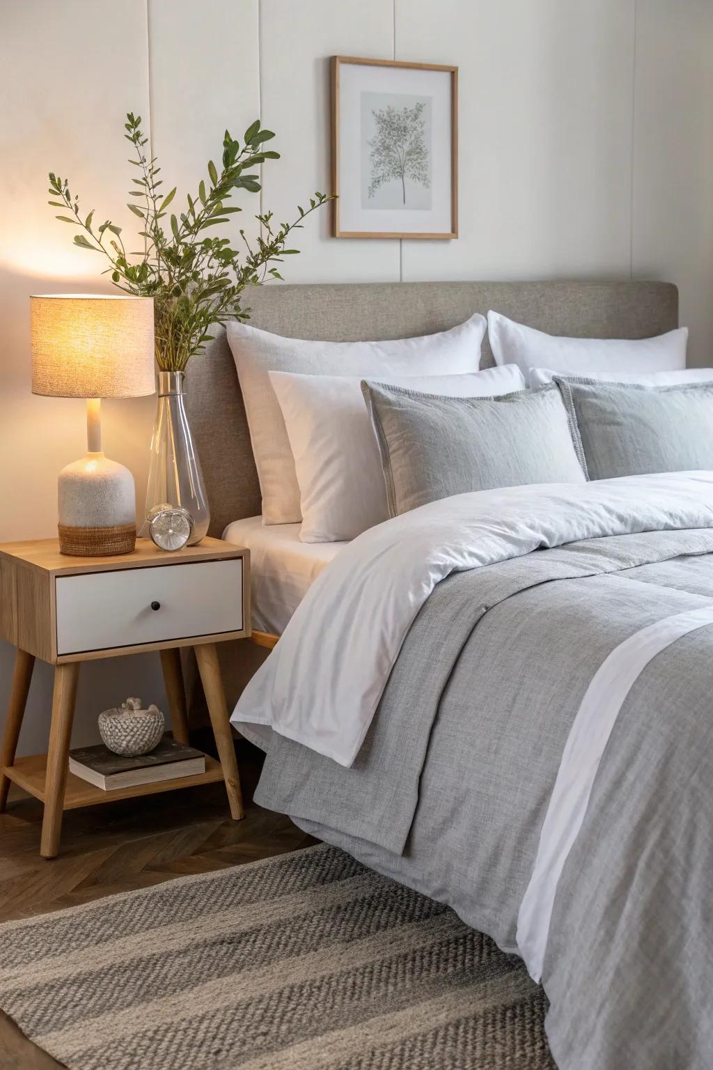 Achieve tranquility with minimalist decor that complements your grey and white bedding.