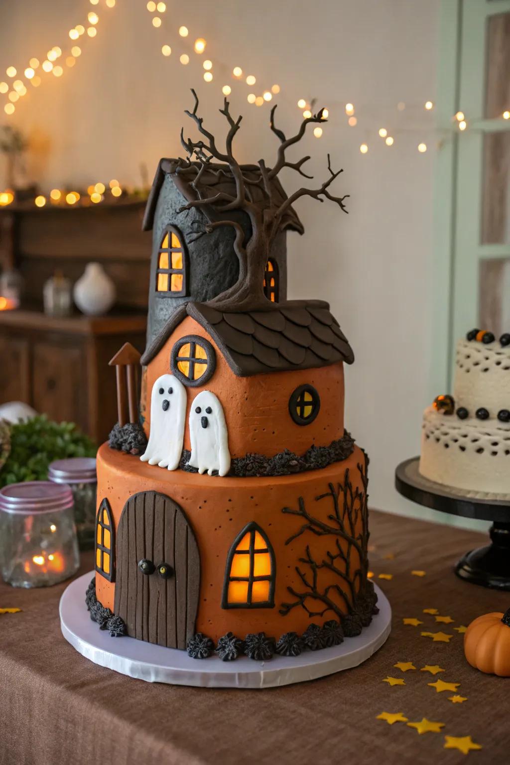 Create a hauntingly beautiful centerpiece with this haunted house cake!