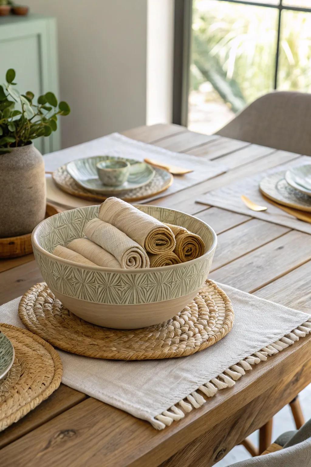 Create a casual yet elegant table setting with napkins in decorative bowls.