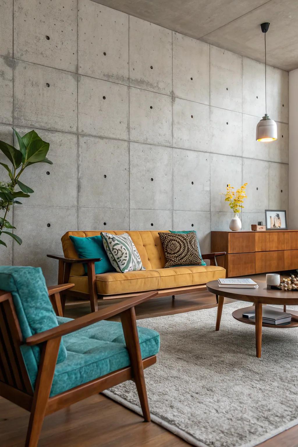 Achieve an urban aesthetic with minimalist concrete walls that serve as a chic backdrop.