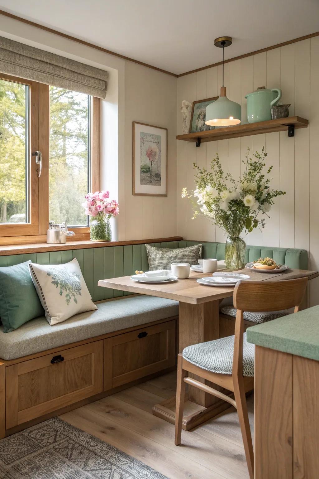 Personalize your kitchen booth with art and flowers for a homey touch.