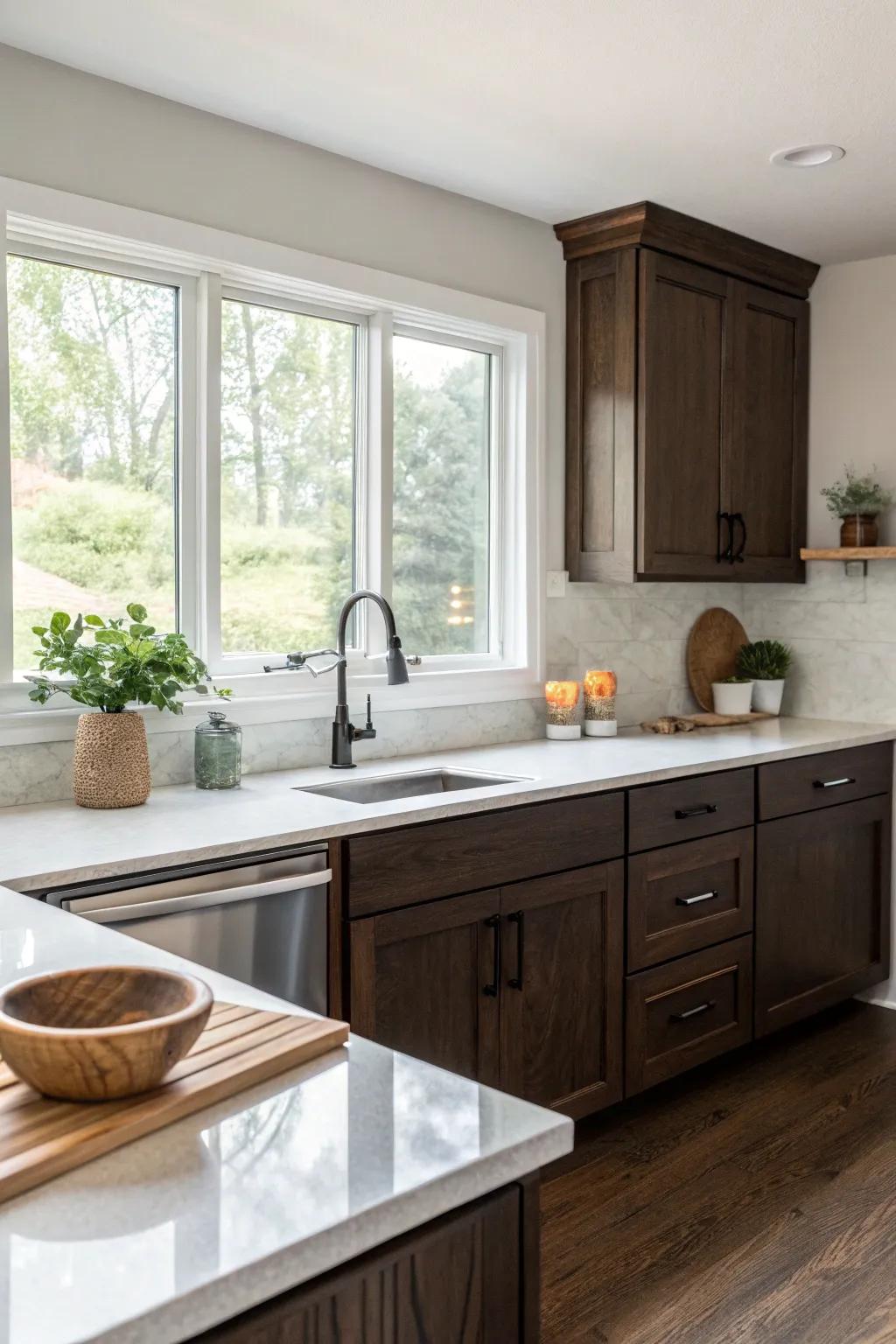 Create visual interest with contrasting countertops that complement your cabinet design.