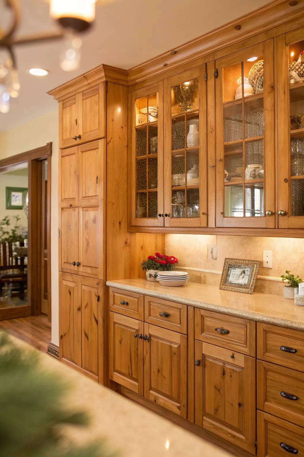 Elevate your kitchen style with knotty pine cabinets featuring elegant glass doors. ✨ #ElegantKitchens #GlassAccents
