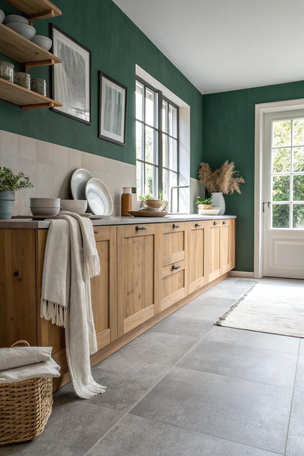 Create depth and interest with a bold accent wall complementing your light grey kitchen floors.